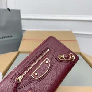 Balenciaga Classic Leather Zip-Around Wallet burgundy grained leather gold-tone hardware