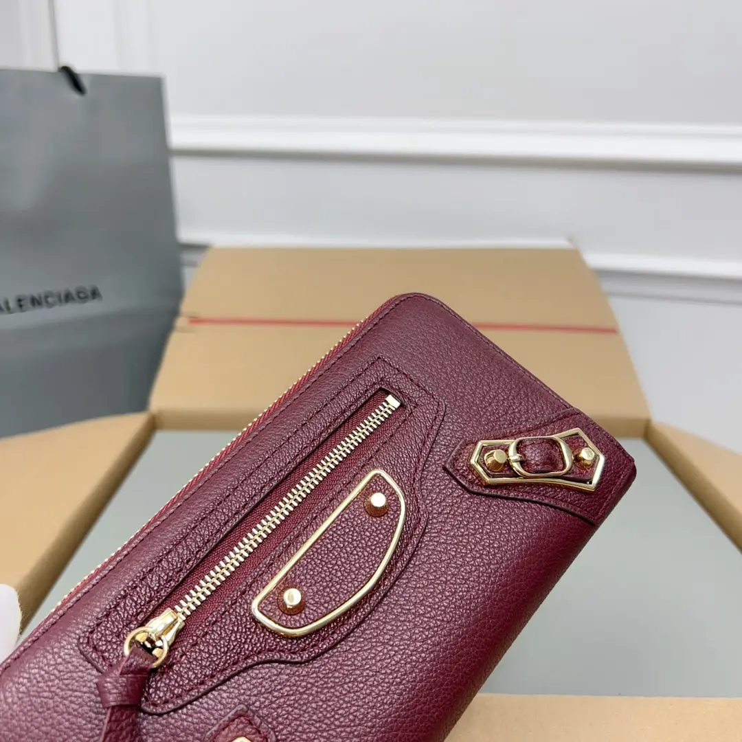 Balenciaga Classic Leather Zip-Around Wallet burgundy grained leather gold-tone hardware