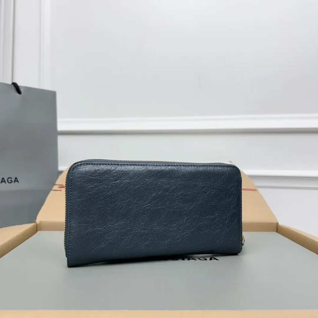 Balenciaga zip-around wallet navy blue crinkled leather compact design accessory