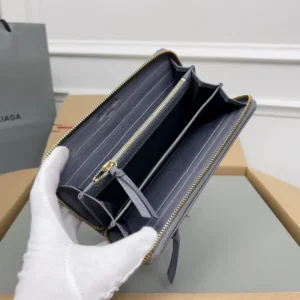 Balenciaga Explorer Zip Around Wallet grey grained leather gold-tone zipper interior compartments