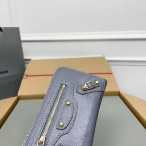 Balenciaga Classic Wallet grey leather gold-tone zipper and buckle detailing compact design