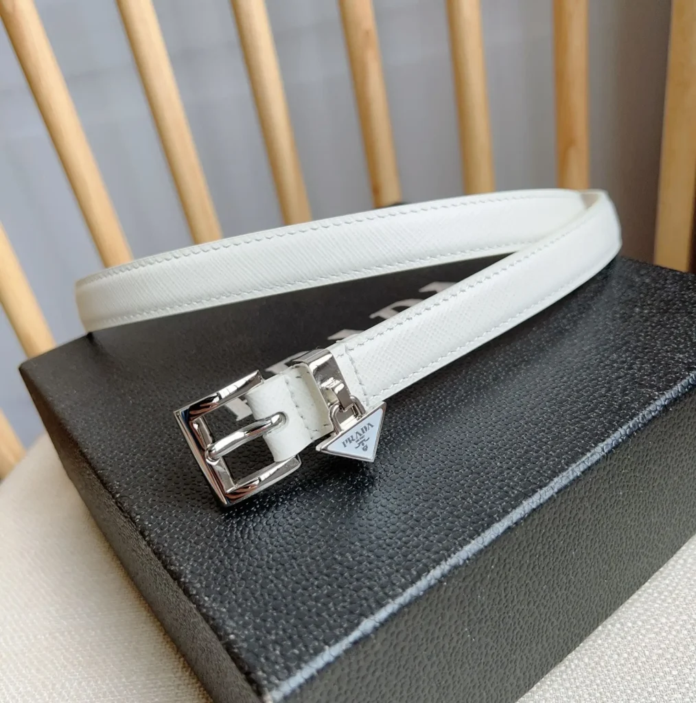 Prada belt white leather silver buckle with triangle logo charm accessory