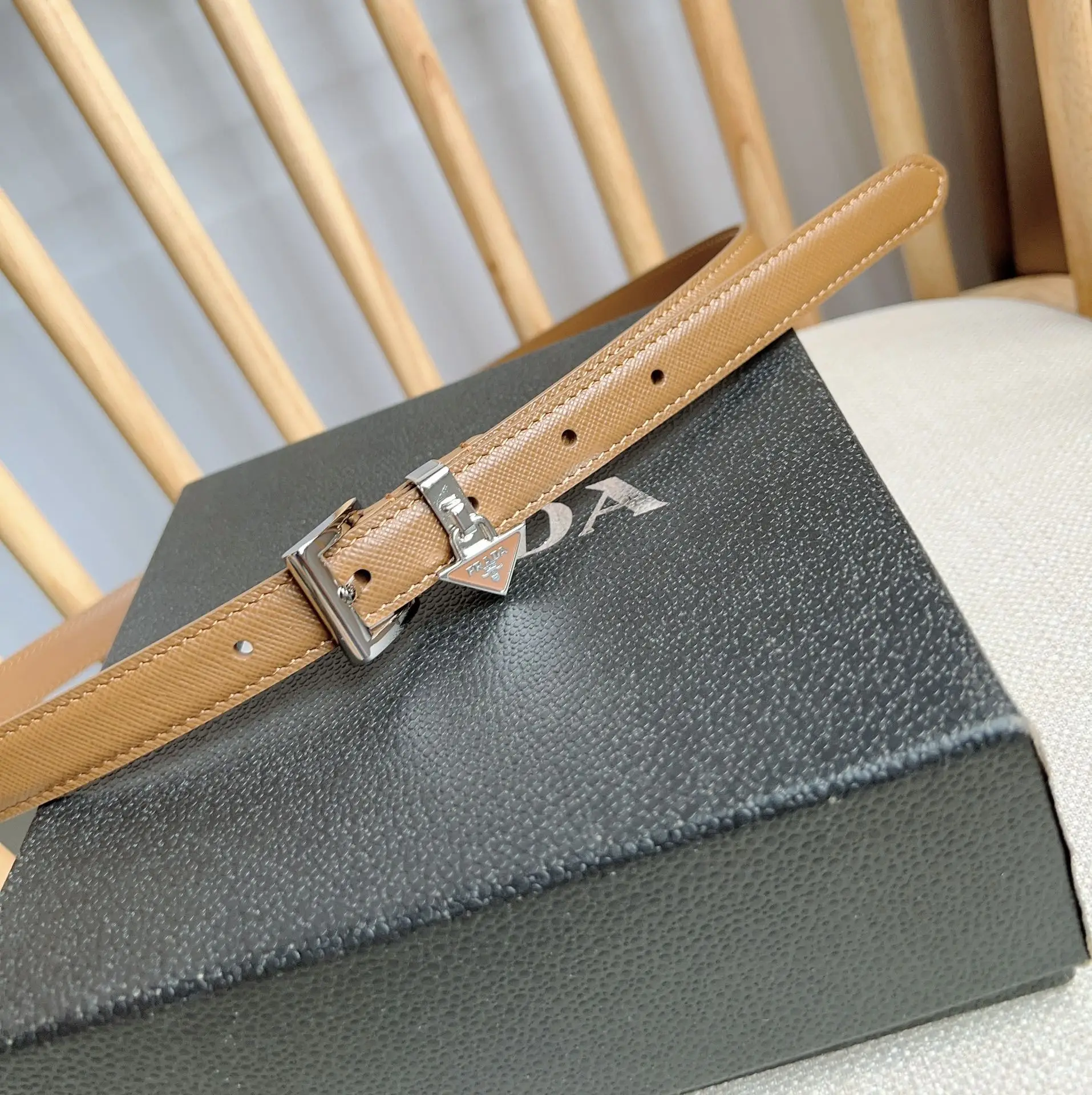 Prada belt tan leather silver buckle with triangular logo charm accessory