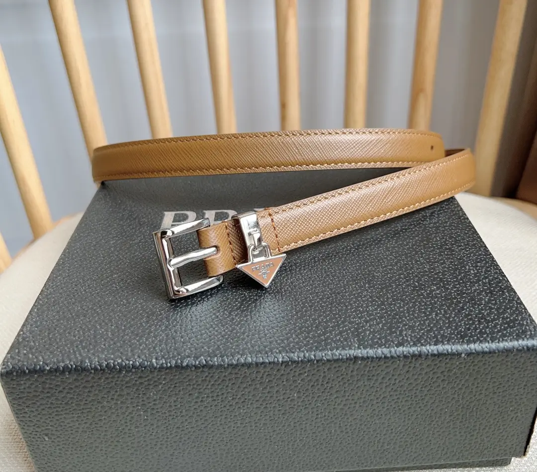 Prada leather belt tan with silver-tone buckle and triangle logo charm accessory