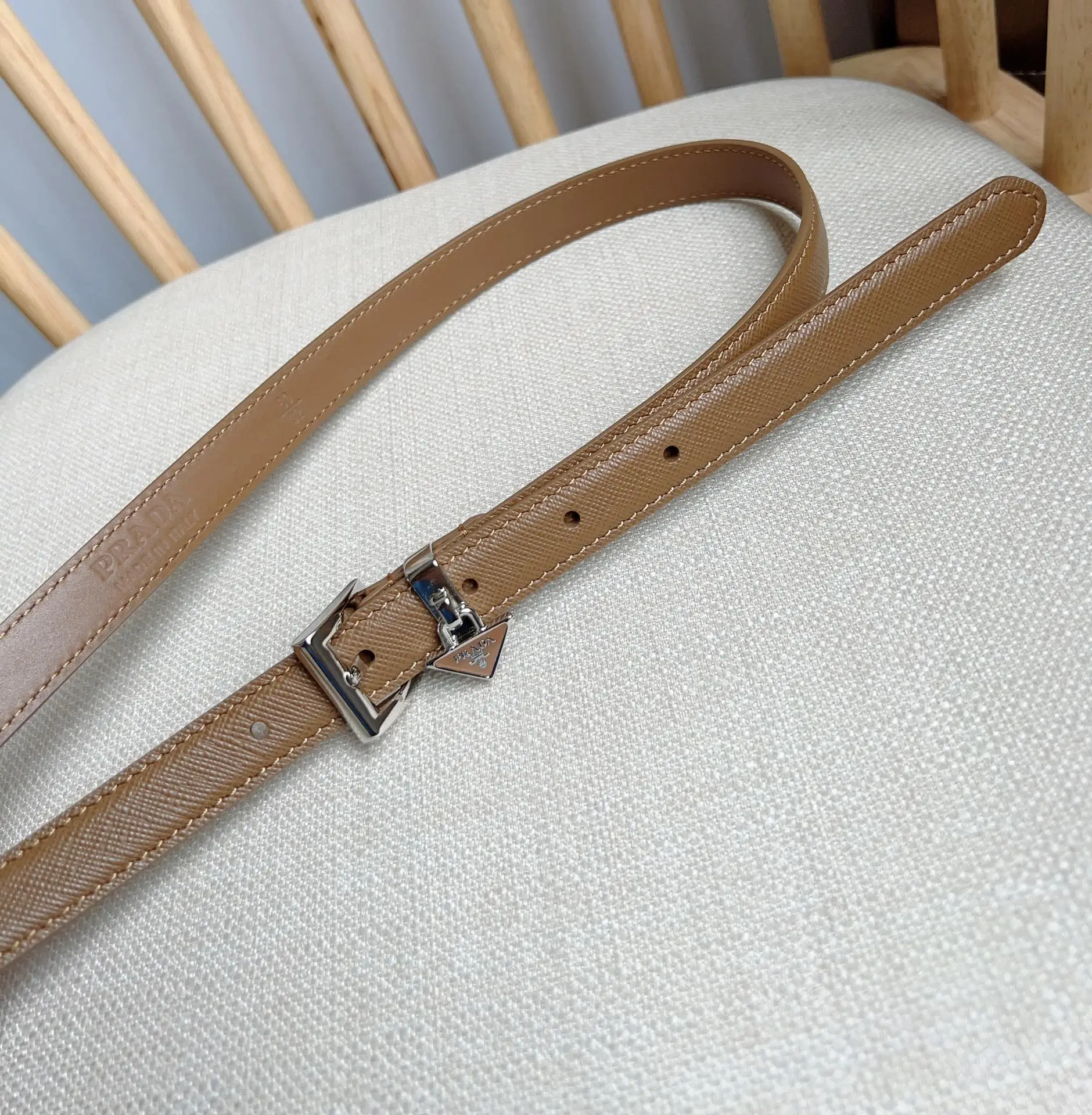 Prada belt tan saffiano leather silver triangular logo buckle accessory