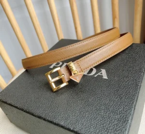 Prada belt tan saffiano leather gold-tone buckle triangular logo accessory