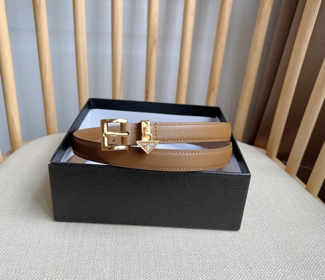 Prada belt brown leather gold-tone buckle and triangular logo charm accessory