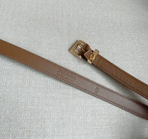 Prada belt brown leather gold-tone buckle with embossed logo and textured strap