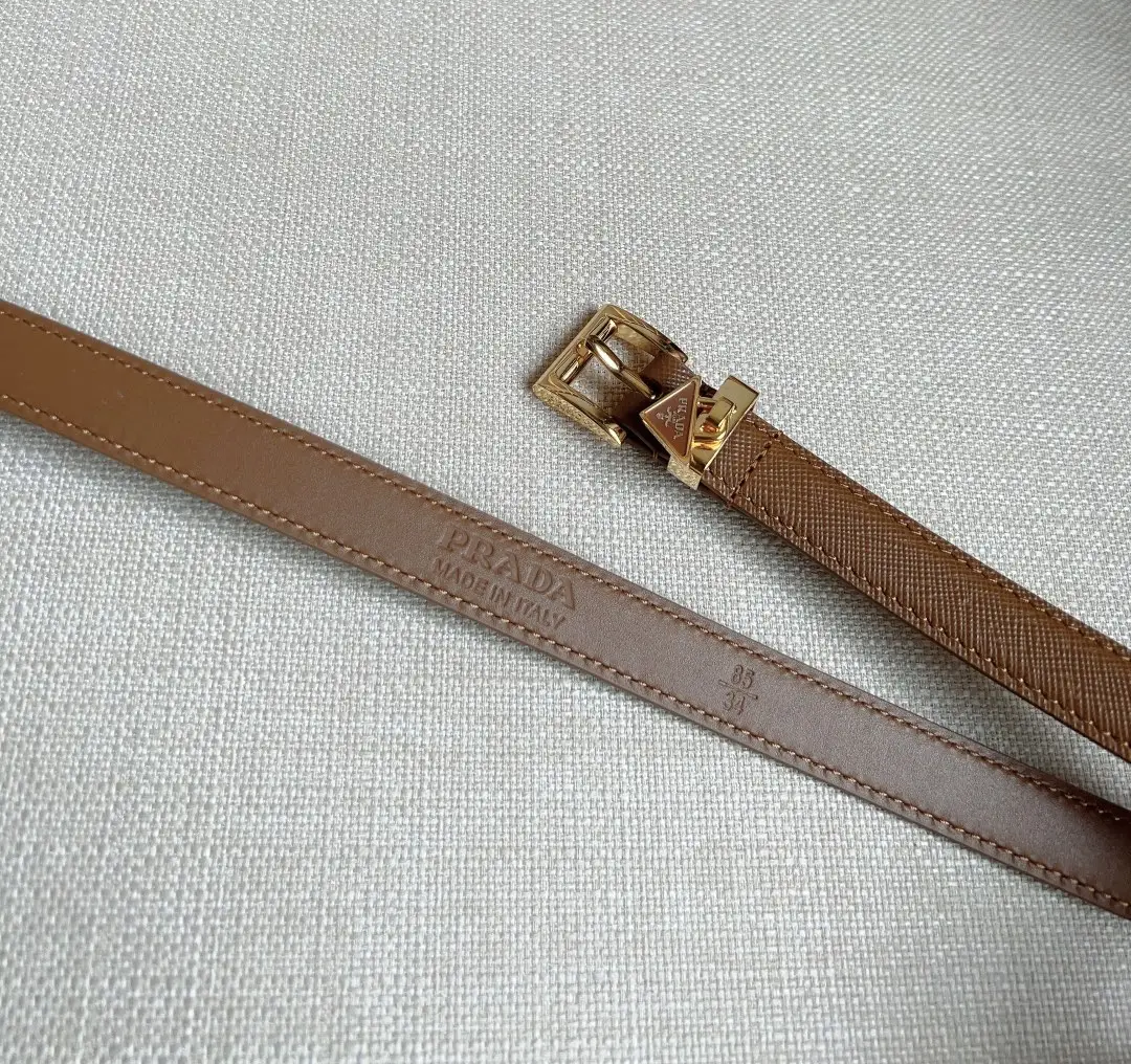 Prada belt brown leather gold-tone buckle with embossed logo and textured strap