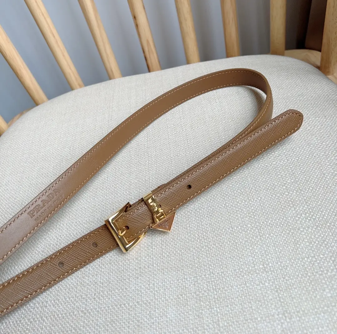 Prada leather belt brown saffiano leather gold buckle with iconic triangle logo charm accessory