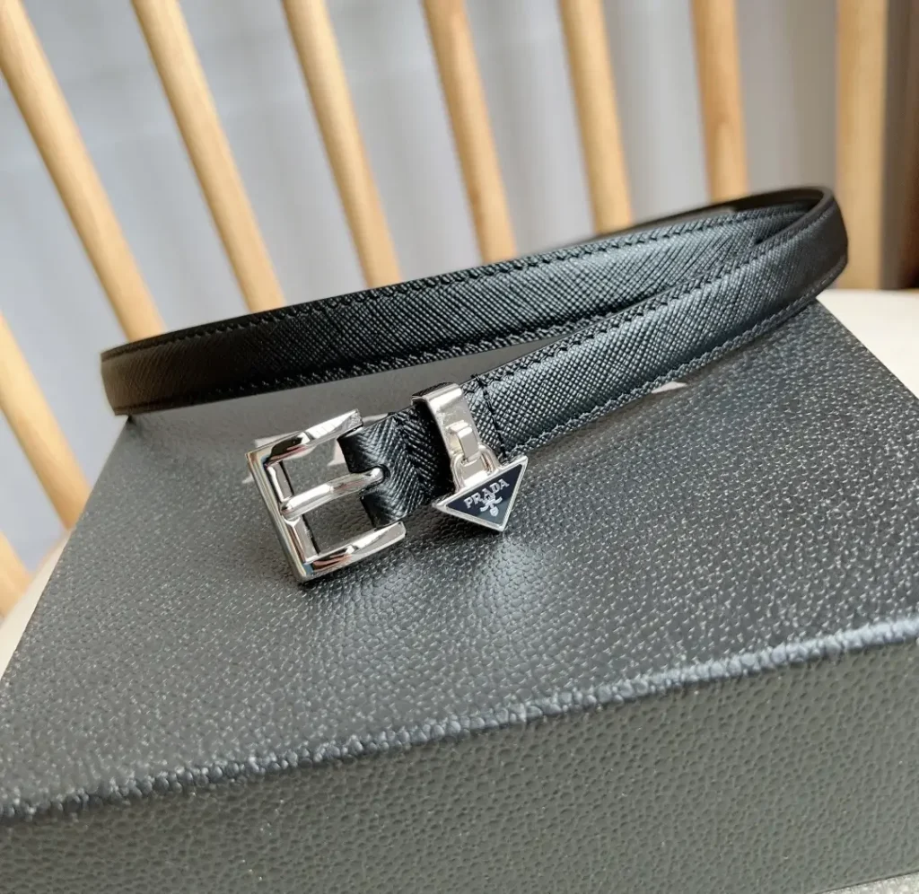 Prada belt black saffiano leather silver buckle logo charm accessory