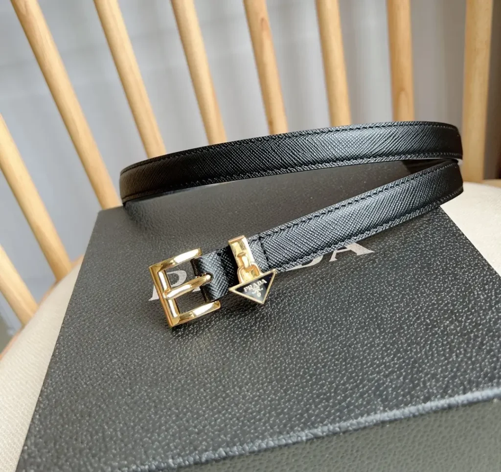 Prada belt black leather gold-tone buckle with triangular logo charm accessory