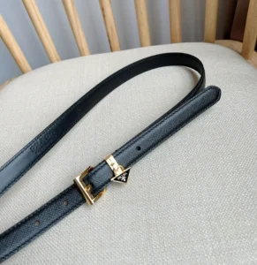 Prada belt black saffiano leather gold-tone buckle with triangle logo charm accessory