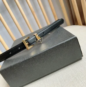 Prada belt black saffiano leather gold-tone buckle with triangular logo charm accessory