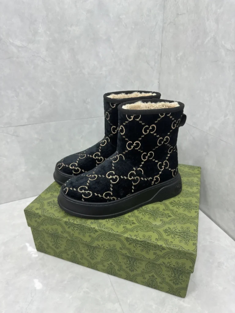 Gucci GG Velvet ankle boots black velvet gold logo embroidery shearling lining sneakers
