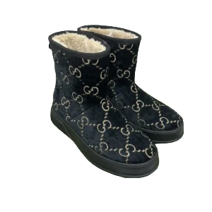 Gucci GG canvas ankle boots black beige leather shearling lining winter footwear