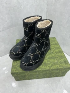 Gucci GG Marmont black velvet boots beige shearling lining winter footwear