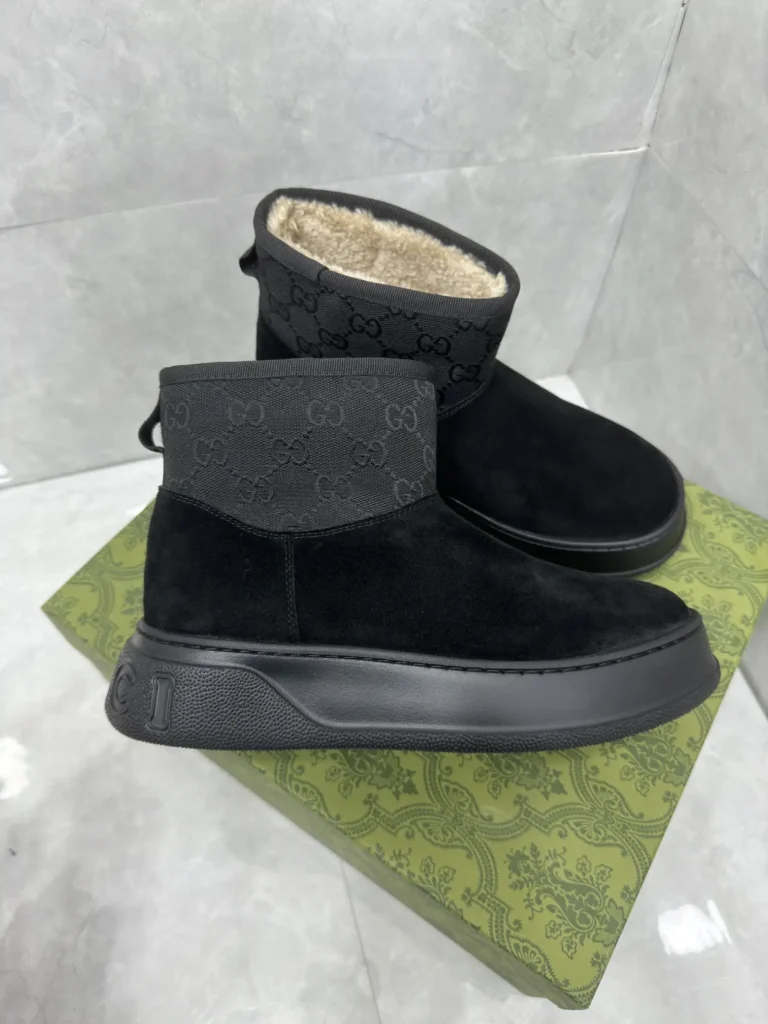 Gucci winter boots black suede GG canvas collar shearling lining sneakers