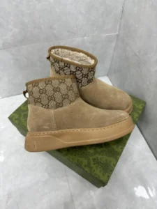 Gucci shearling-lined ankle boots beige suede and GG canvas upper rubber sole sneakers