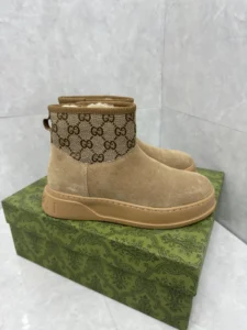 Gucci ankle boots beige suede upper brown GG canvas collar warm lining sneakers