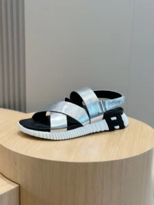 Repsgoat silver metallic strap black sole sandals with white ribbed outsole synthetic leather