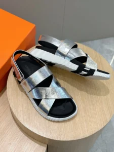 Hermes sandals silver metallic leather black footbed white rubber sole casual sandals