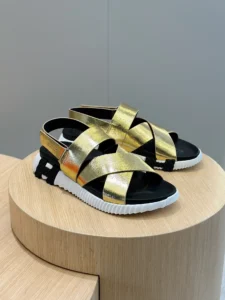 Unbranded sandals gold metallic leather black footbed white ridged rubber sole summer shoes