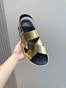 Hermes sandals gold leather straps black footbed white sole summer footwear