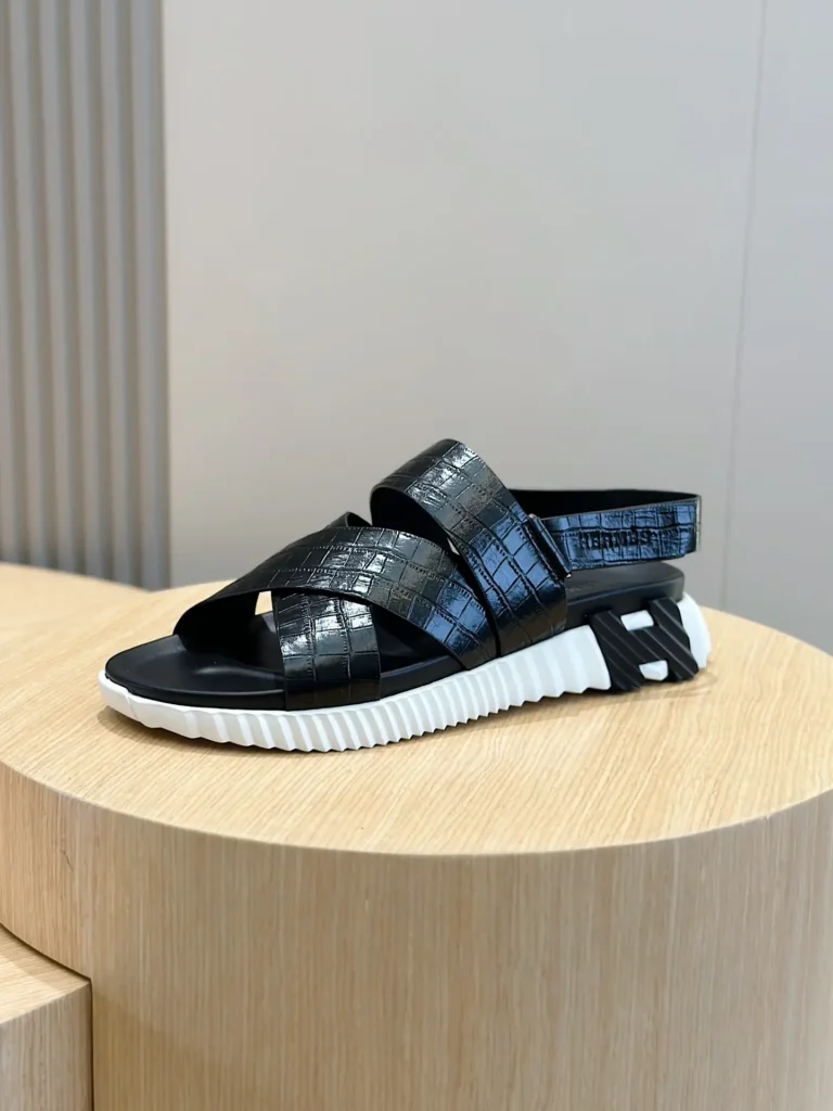 Repsgoat men's sandals black croc pattern synthetic leather adjustable strap white sole