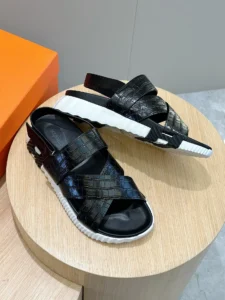 Hermes Cross Strap Sandals black crocodile embossed leather with white rubber sole sandals