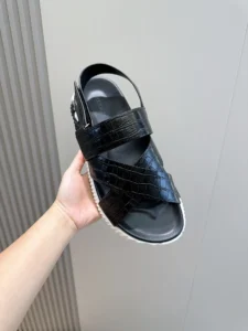 Hermes cross-strap sandal black crocodile leather with white rubber sole sandals