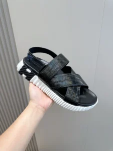 Prada leather sandals black croc-embossed straps white textured rubber sole sandals