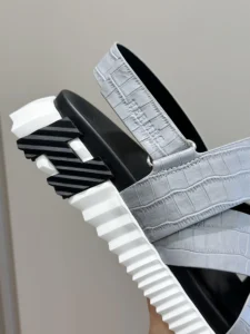 Hermes Oran Sandal grey crocodile embossed leather platform sandals with black white ribbed sole
