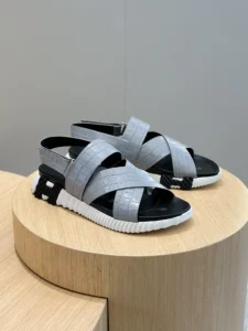 Givenchy sandals G-Chain blue grey crocodile embossed leather cross strap sandals with white black rubber sole
