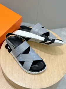 Hermes sandals light gray crocodile leather slingback sandals with black footbed and white sole