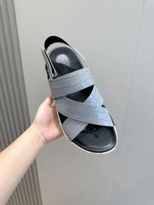 Hermes sandal light gray croc embossed leather black footbed slip-on shoe
