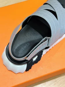 Hermes Oran Sandal gray embossed leather adjustable strap rubber sole sandals