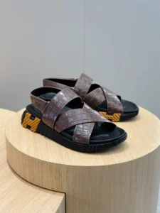 Hermes sandals brown crocodile leather black rubber sole sandals with yellow accents