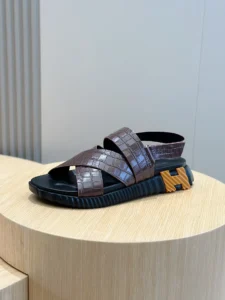 Hermes Oran sandal brown croc-embossed leather black rubber sole men's sandal