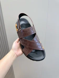 Hermes sandal brown crocodile leather straps black sole slip-on sandal with yellow heel detail