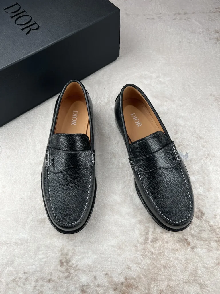 Dior leather loafers black textured leather slip-on shoes with tonal stitching and branded insole
