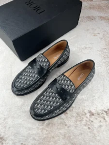 Dior Men's Boutique Le Fu Shoes featuring black and beige Oblique printed fabric, leather details, and a matte finish logo, displayed with branded box.