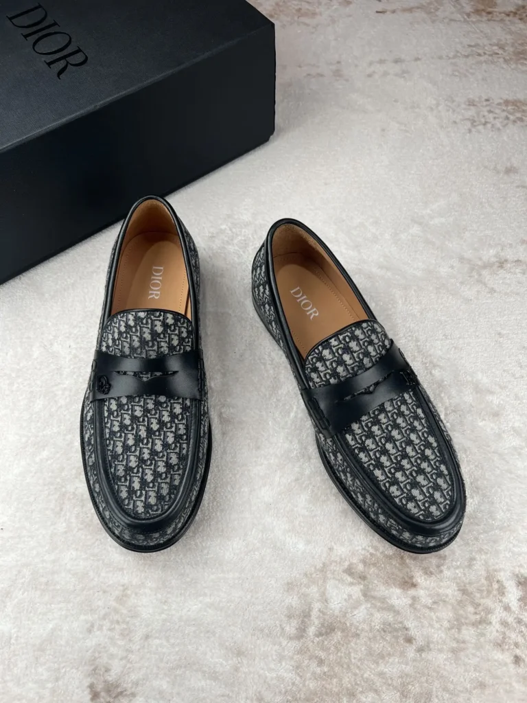 Dior Homme Loafers black gray monogram canvas leather trim slip-on shoes