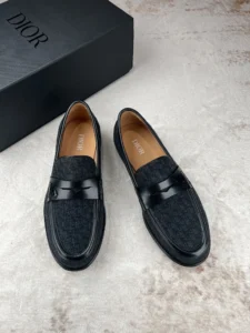 Dior Men's Boutique Le Fu Shoes featuring black Oblique printed fabric, leather outsole, and engraved Dior logo, presented with a branded box.