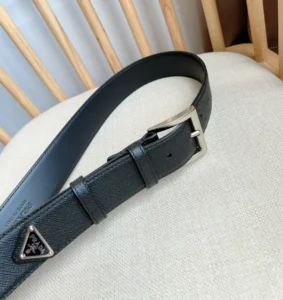 Prada belt black textured leather silver buckle triangular logo detail accessory
