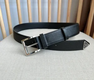 Prada belt black leather silver buckle triangular logo detail accessory