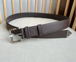 Prada belt brown leather silver buckle triangle logo accessory