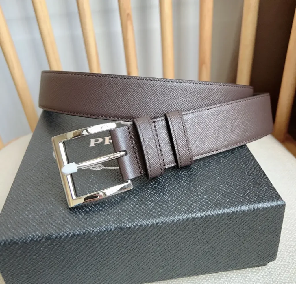 Prada belt brown leather silver buckle textured strap accessory