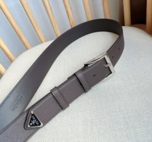 Prada belt brown textured leather silver buckle triangular logo plaque accessory