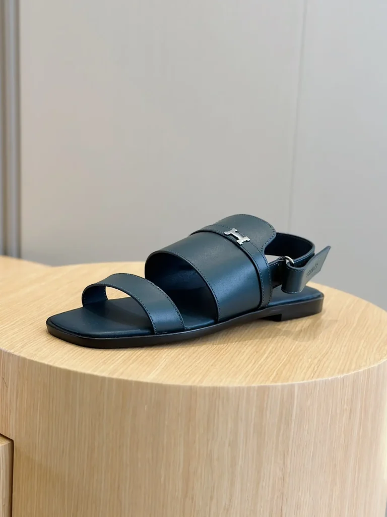 Hermes Oran sandals navy blue leather flat slip-on sandals with silver H buckle detailing